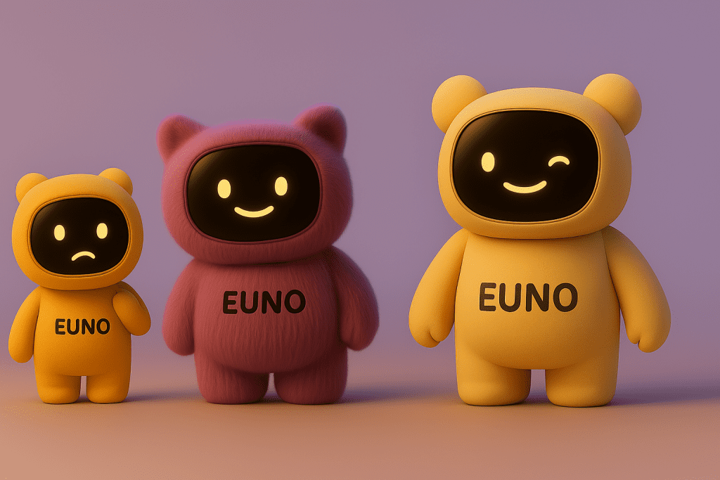 Trois robot Euno aux expressions de visage différents