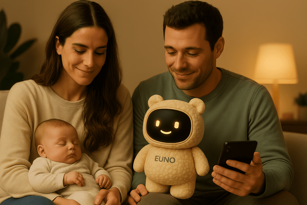 Parents apaisés avec leur bébé en train de configurer un robot compagnon euno