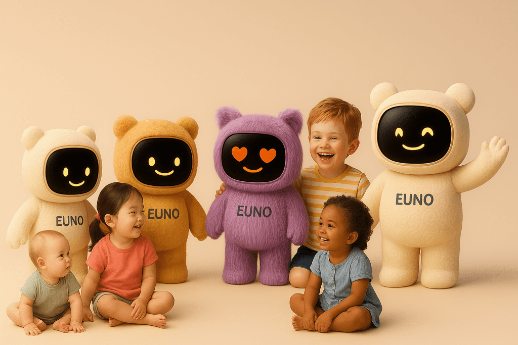 photo de groupe de robots Euno et d'enfants heureux