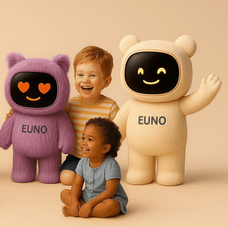 photo de groupe de robots Euno et d'enfants heureux