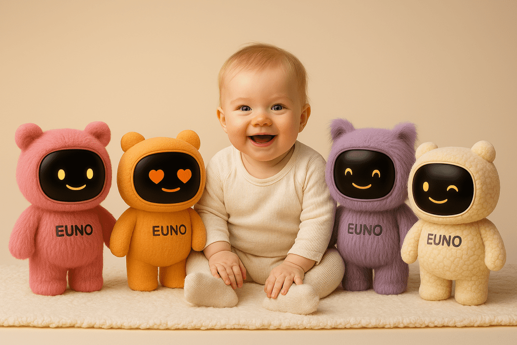 Différents robots Euno autour d'un bébé content