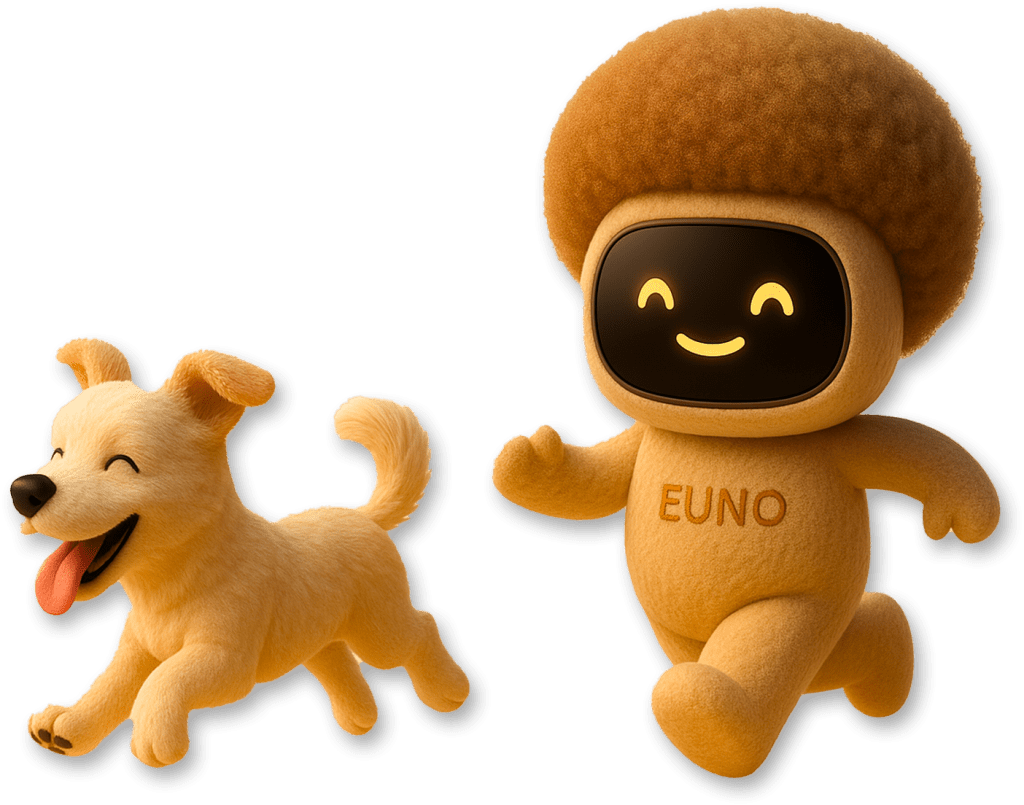 Robot euno s'amusant et courant derrière un chien heureux