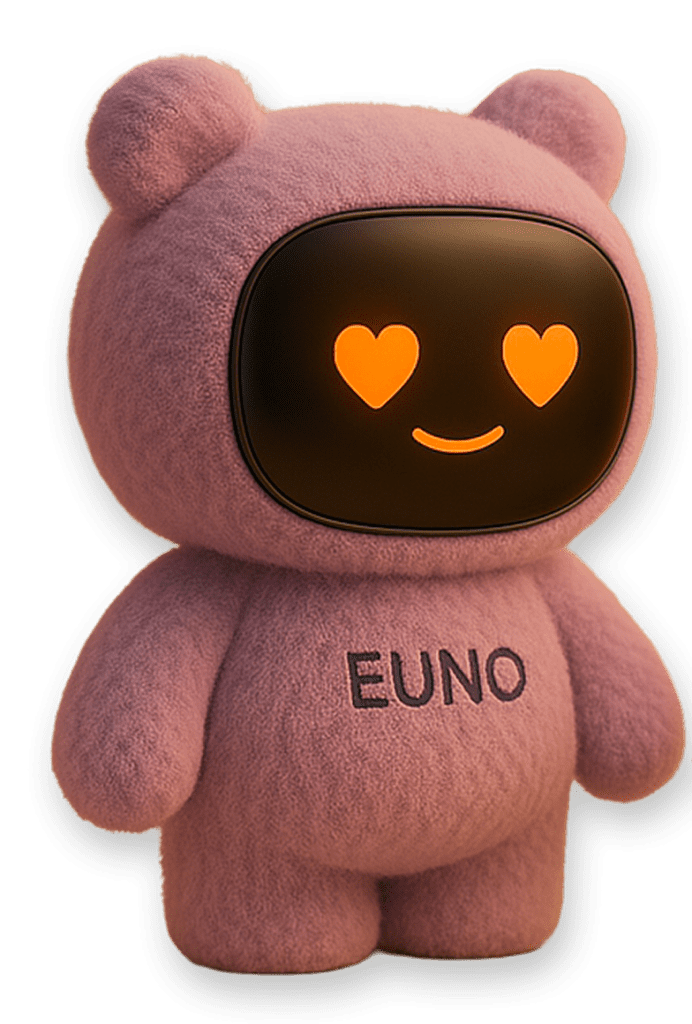 Robot Euno violet avec les yeux en coeur
