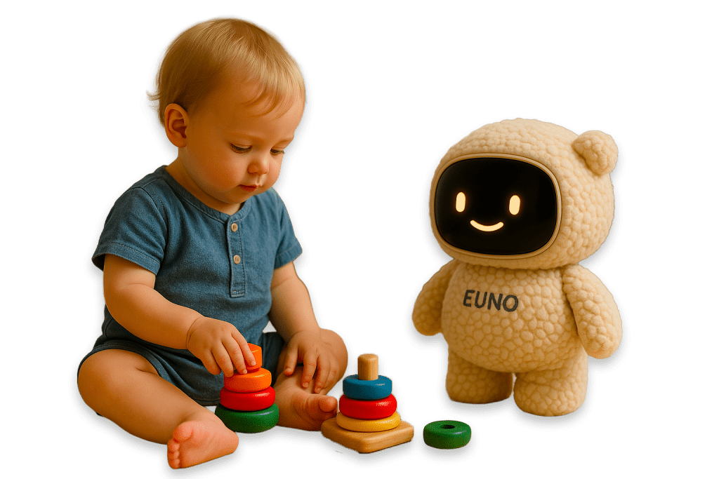 Robot Euno jouant à un jeu de motricité avec un enfant en veillant sur lui